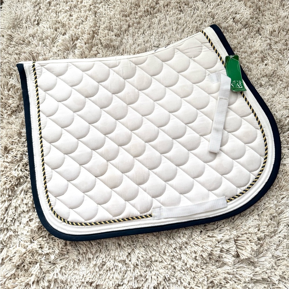 NWT White Quilted Saddle Pad with Navy/Gold Piping